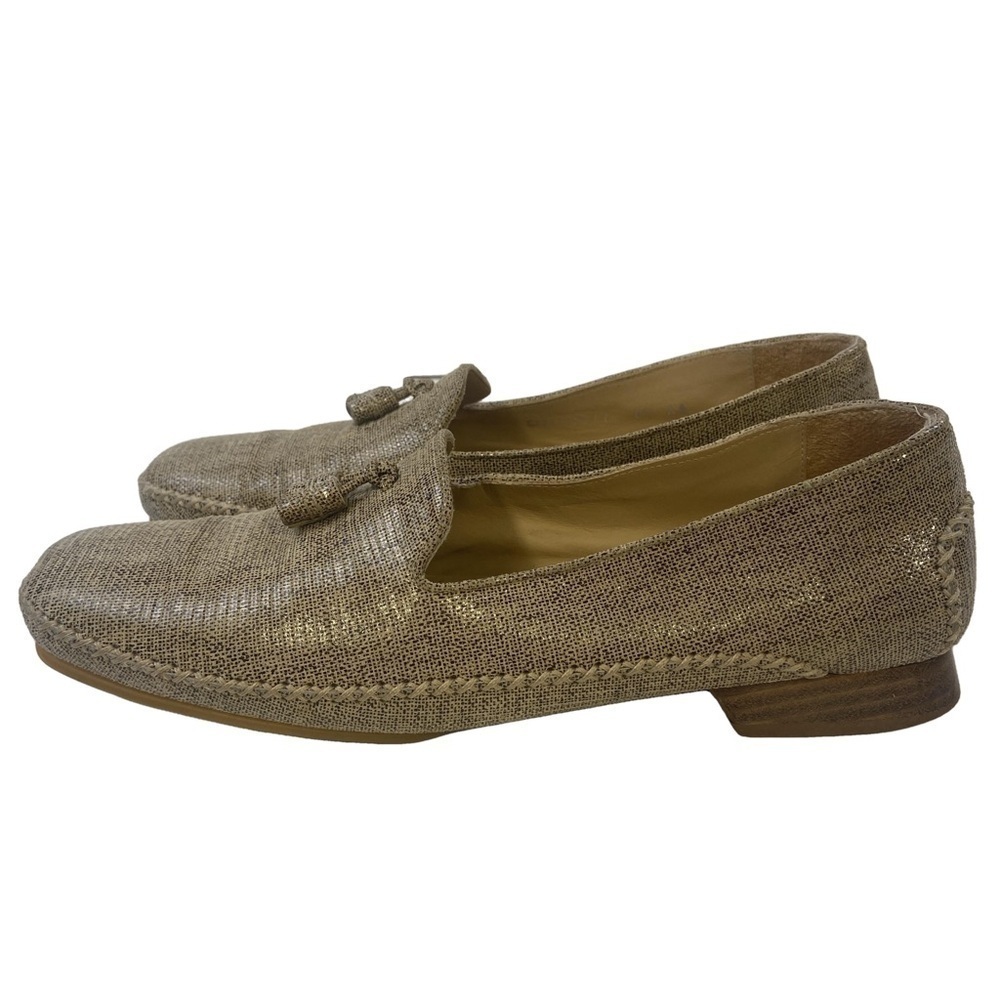 Vintage Stuart Weitzman Loafer Flats Tan Beige Gold Tassel Shiny Leather AA 8.5